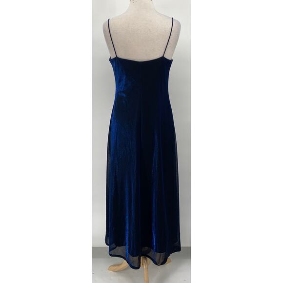 Vintage 90s Metallic Mesh Maxi Gown Cowl Neck Slip Dress Blue Womens 8 Petite - Picture 6 of 10